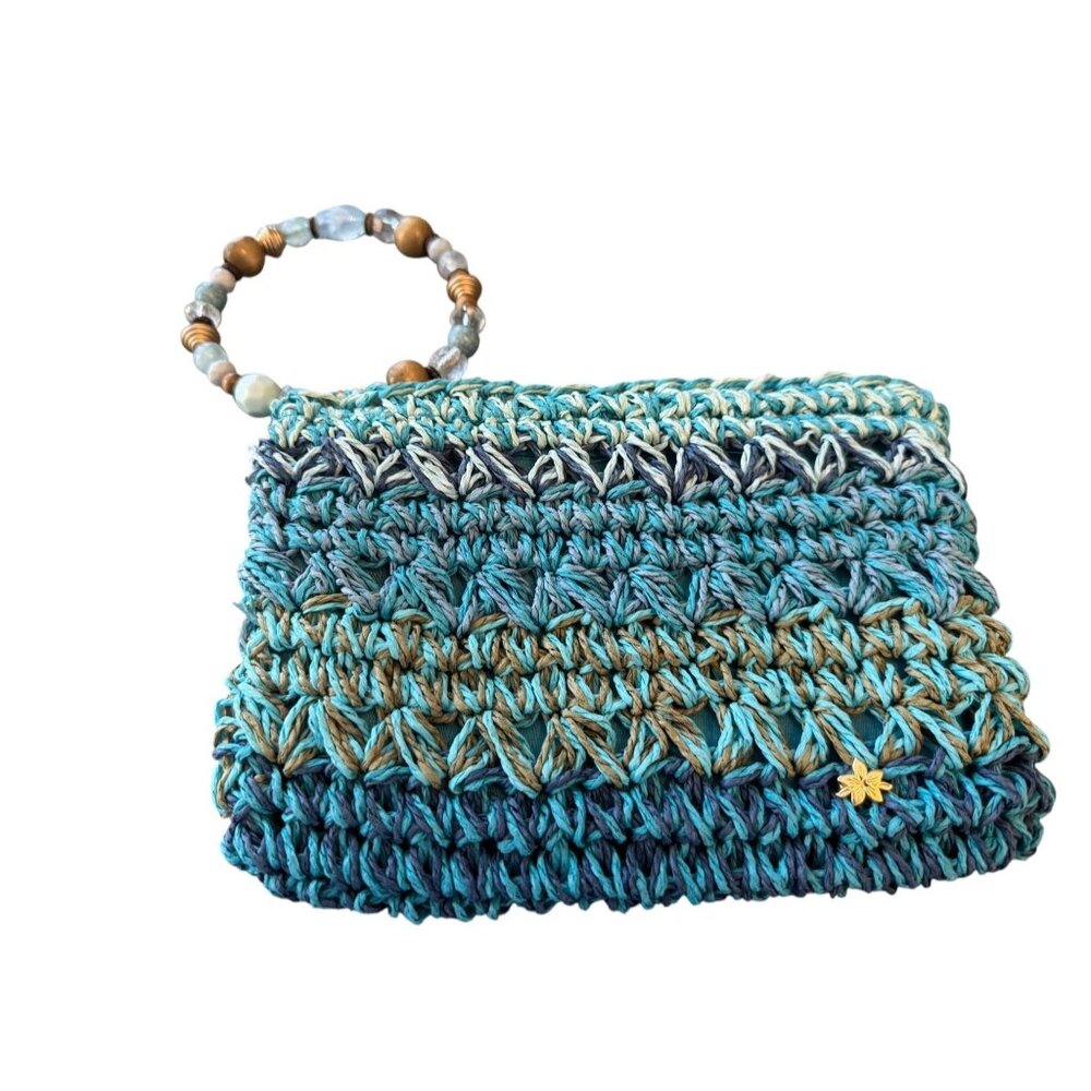 Woven Multicolor Crochet Clutch With Beaded Handle - Blue & Tan
